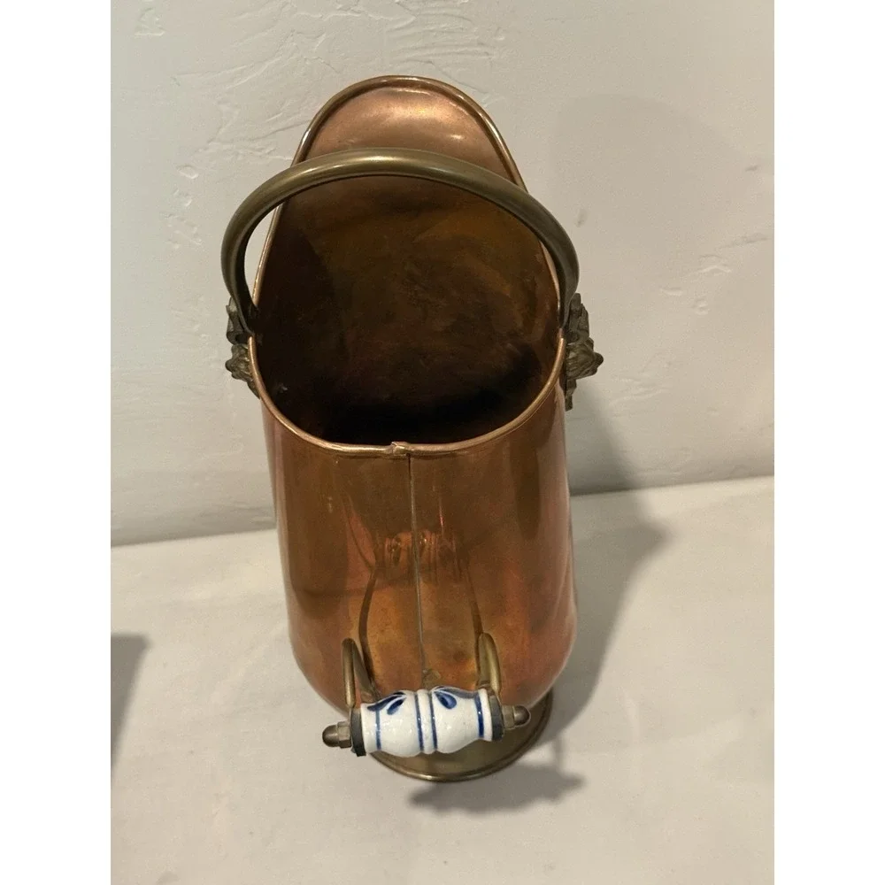 Vintage Copper Coal Scuttle/Bucket W/ Ceramic Handle Lion Decoratives, 13